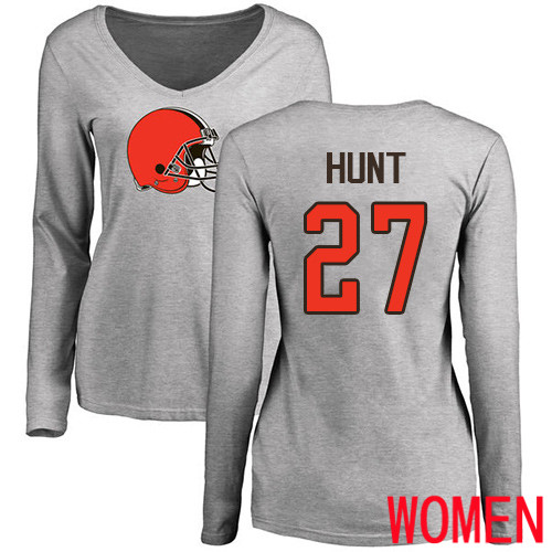 Cleveland Browns Kareem Hunt Women Ash Jersey #27 NFL Football Name and Number Logo Long Sleeve T Shirt